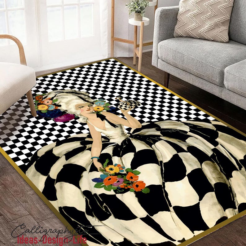 Victorian Lady Area Rug: Renaissance Maiden, Checkered Black Carpet - Etsy