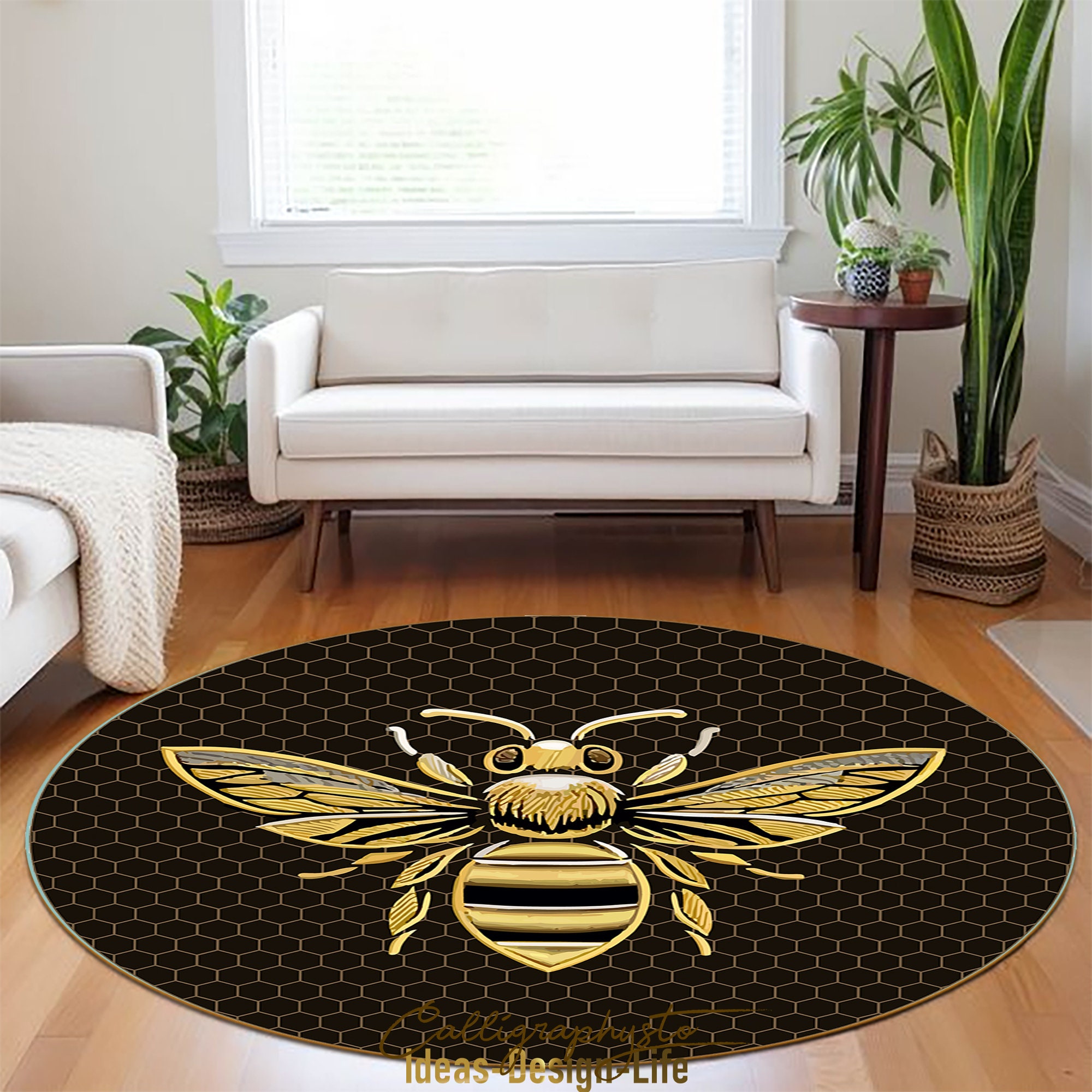 Bee Rug Honeycomb Bee Round Rug: Embroidered Black Floor Carpet - Etsy