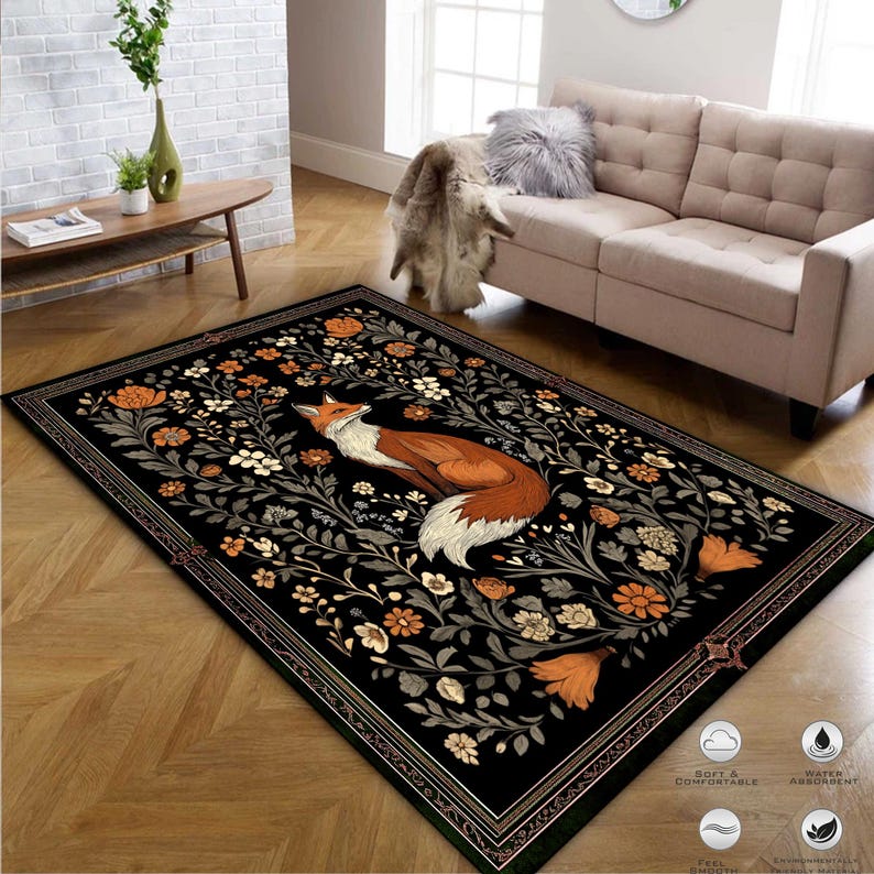 Gothic Fox Rug: Vintage William Morris Style, Dark Academia Decor image 4