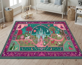Fairy Tale Kids Nursery Rug, Whimsical Castle Area Rug, Magical Storybook Bedroom Mat