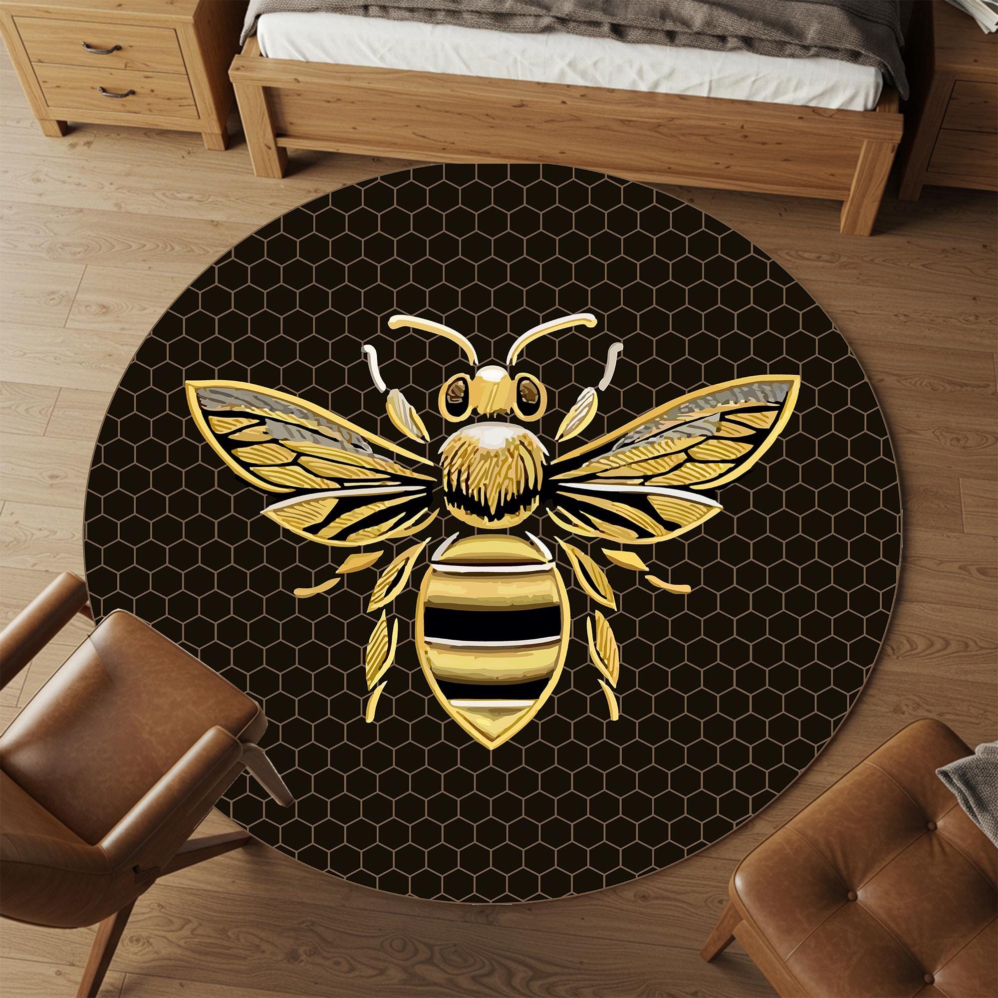 Honeycomb Bee Round Rug: Embroidered Black Floor Carpet - Etsy