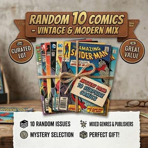 Könnte beinhalten: Ein Bündel aus Vintage- und modernen Comics, zusammengebunden mit Schnur. Die Comic-Hefte haben farbenfrohe Cover mit verschiedenen Charakteren. Ein Etikett lautet "Mystery Pack 10 Surprise Comics". Der Text lautet "Random 10 Comics - Vintage & Modern Mix".