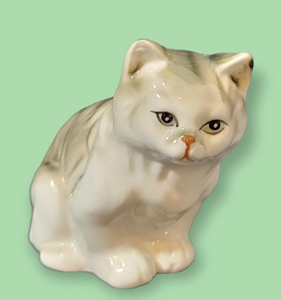 Vintage Enesco Cat Figurine Grey Tabby Kitten Green Eyes 1980s Etsy