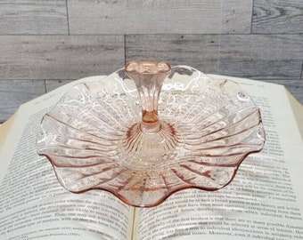 Anchor Hocking Pink Glass Depression Era Serving Plate Center Handle Ruffled