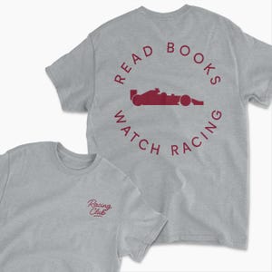 sport grey read book watch f1 inspired t-shirt | retro motorsports graphic tee for racing fans, team apparel