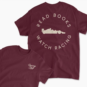 maroon read book watch f1 inspired t-shirt | retro motorsports graphic tee for racing fans, team apparel