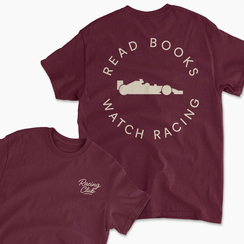 maroon read book watch f1 inspired t-shirt | retro motorsports graphic tee for racing fans, team apparel