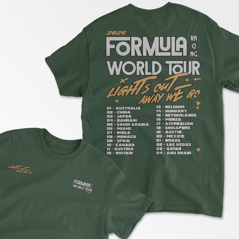Forest Green Racing World Tour Inspired T-Shirt, Vintage Racing Style Shirt, Motorsport Clothing, Formula Inspired Merch, Race Fan Gift, Unisex Tee