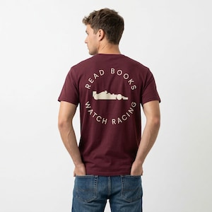 maroon read book watch f1 inspired t-shirt | retro motorsports graphic tee for racing fans, team apparel