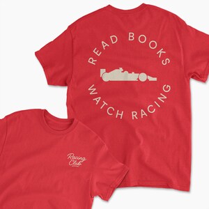 red read book watch f1 inspired t-shirt | retro motorsports graphic tee for racing fans, team apparel