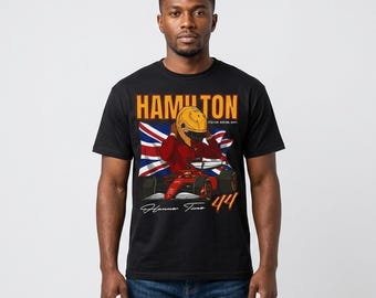 May include: Black t-shirt with a graphic of a Formula 1 race car and driver, the text "HAMILTON" in orange, and the Union Jack flag. The number "44" is also visible.