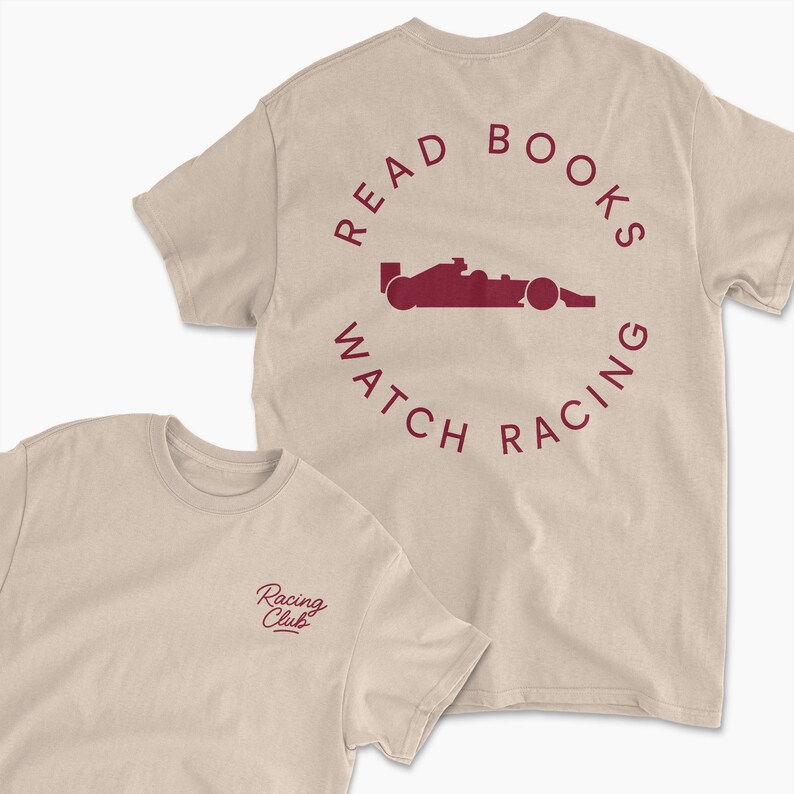 sand white read book watch f1 inspired t-shirt | retro motorsports graphic tee for racing fans, team apparel