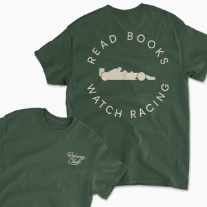 forest green read book watch f1 inspired t-shirt | retro motorsports graphic tee for racing fans, team apparel