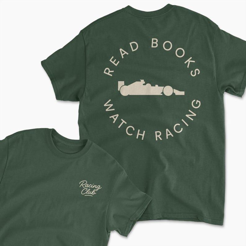 forest green read book watch f1 inspired t-shirt | retro motorsports graphic tee for racing fans, team apparel