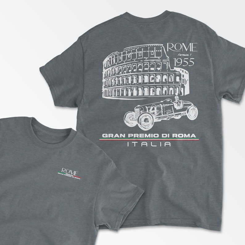 Graphite Heather Italy Rome T-Shirt Inspired Retro Motorsport Apparel Grand Prix Italian Racing Circuit Retro Racing Shirt