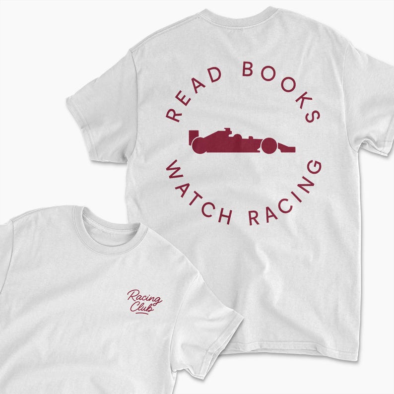 white read book watch f1 inspired t-shirt | retro motorsports graphic tee for racing fans, team apparel