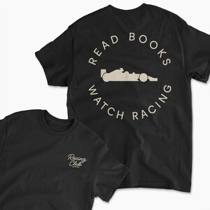 black read book watch f1 inspired t-shirt | retro motorsports graphic tee for racing fans, team apparel