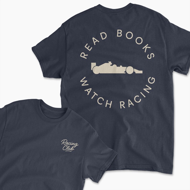 navy blue read book watch f1 inspired t-shirt | retro motorsports graphic tee for racing fans, team apparel