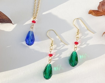 Emerald Green Earrings - Green and Red Earrings - Sapphire Blue Necklace - Blue and Red Necklace - Howl's Earrings - Howl's Necklace