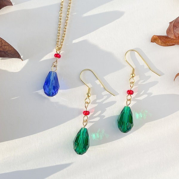 Emerald Green Earrings - Green and Red Earrings - Sapphire Blue Necklace - Blue and Red Necklace - Howl's Earrings - Howl's Necklace