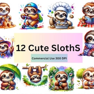 Watercolor Sloth Clipart Bundle – 15 Cute Cartoon Sloth Illustrations | Whimsical Animal PNGs for Stickers, Scrapbooking & Sublimation