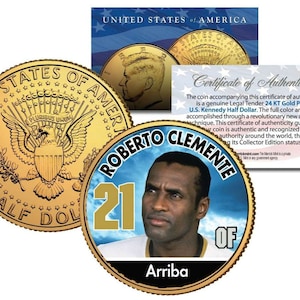 Roberto Clemente 24K Gold Plated US JFK Kennedy Half Dollar Coin