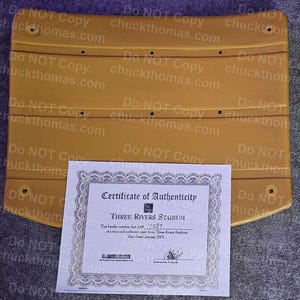 Pittsburgh Steeler and Pirates ACTUAL Three Rivers Stadium Yellow Seat Back with Certificate