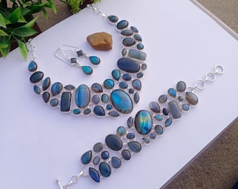 Natural Labradorite Necklace, Earring And bracelet Set | Silver plated Necklace | Gemstone Necklace, bracelet Earring | Anniversary Gift