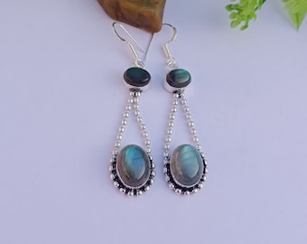 Natural Labradorite Stone Earrings, 925 Silver plated earring, Gifts For Wife, Gemstone earring, Statement Earrings, Labradorite Jewelry