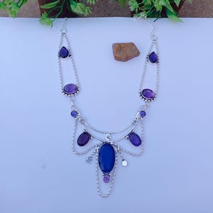 Schöne Blauer Saphir und Amethyst Hydro Glasstein Halskette | Geschenk für Frau | 925 Silber überzogene Halskette | Blauer Saphir Schmuck