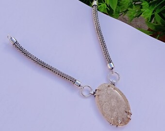 Collier en agate de racine de palmier naturelle, collier en plaqué argent fait main en pierre, collier original avec chaîne rolo solide