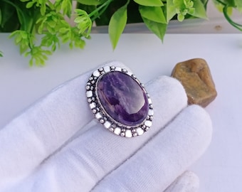 Natuurlijke Amethist stenen ring | 925 verzilverde ring | Verklaringsring | Verlovingsring | Ontwerperringen | Amethist sieraden