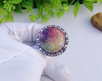 Beautiful Rainbow Solar Quartz Stone Ring, 925 Silver Polish Ring, Circle Ring, Anniversary Gifts, Handmade Jewelry, Designer Rings