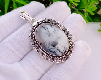 Natural Dendrite Opal Pendant, Handmade Silver Plated Pendant, Boho Pendant, Oval Pendant, Designer Pendant, Gift For On Anniversary