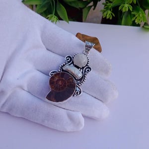 Natural Ammonite, Pearl And Moonstone Pendant | Silver Plated Pendant | Statement Pendant  | Gift For Her | Ammonite Jewelry