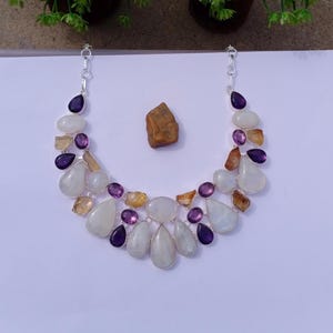Natural Moonstone, Citrine Raw And Amethyst Hydro Glass Stone Necklace |925 Silver plated necklace | Gift For On Anniversary | BOHO Necklace