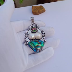 Natürlicher Abalone Edelstein, Perle und Mystic Topas Hydro Glas Anhänger | Versilbert Anhänger | Zierliche Anhänger | Abalone Anhänger Schmuck