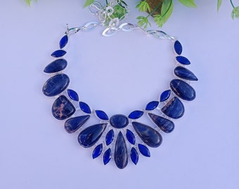 Collier en sodalite naturelle et saphir bleu | Collier plaqué argent | Collier ajustable | cadeau pour elle | Bijoux sodalite