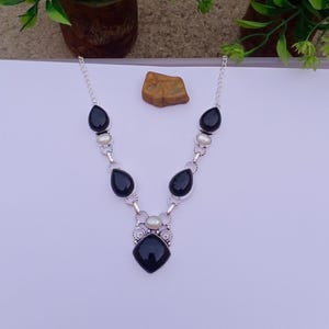 Natural Black Onyx And Pearl Necklace | Silver plated Necklace | Statement Necklace | BOHO Necklace | Gift For On Anniversary