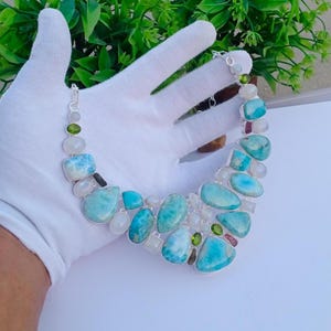 Natural Larimar, Moonstone And Tourmaline, Peridot Hydro Glass Necklace | Silver plated necklace | Statement Necklace | Larimar Jewelry