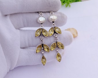 Beautiful Pearl And Citrine Earrings, Handmade Silver plated earrings, Yellow earring, Minimalist earring, Pearl Jewelry