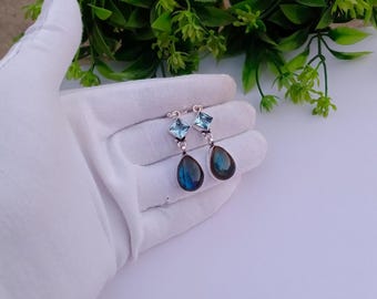 Natural Labradorite And Aquamarine Earring | Silver plated earring | Gift for Her | Gemstone Earring | Dainty Earring | Labradorite Jewelry
