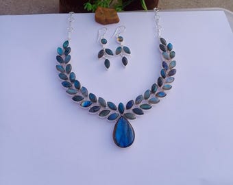 Natural Labradorite Necklace, Earring Set | silver plated necklace | Labradorite Earring | Dainty Necklace | Labradorite Jewelry