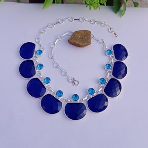 Schöne Blauer Saphir und Blautopas Hydro Glasstein Halskette, Geschenk für Frau, 925 Silber überzogene Halsketten, Jahrestagsgeschenke Schmuck