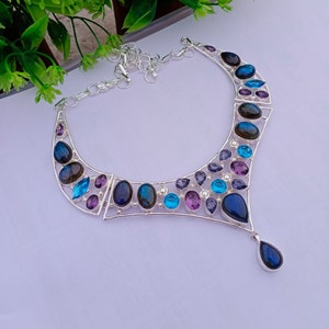 Collar de piedra labradorita natural, collar bañado en plata, collar de amatista, collar de topacio azul, collar de piedras preciosas, joyería hecha a mano