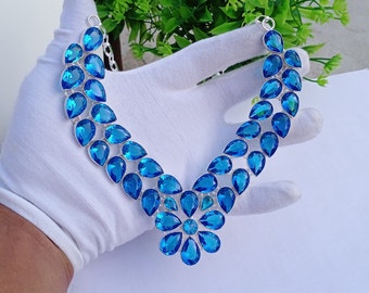 Beau collier vintage Blue Topaz Hydro Glass Stone, collier polonais en argent 925, collier réglable, cadeau pour femme, bijoux faits à la main