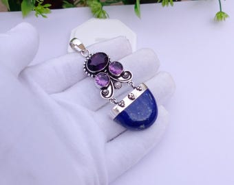 Amethyst Amazonite Multi Gemstone Layered Statement Necklace  Faceted Lapis Lazuli Amethyst In Two Separate Necklaces With Pendant main image 1
