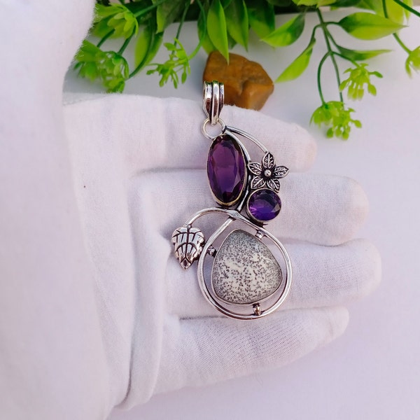Natural Dendrite Opal And Amethyst Hydro Glass Pendant | 925 Silver plated Pendant | Designer Pendant | Gift for On Anniversary