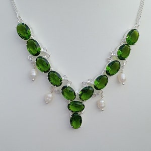 Lindo colar de pedras preciosas peridoto, colar de pérolas, colar banhado a prata 925, colar de declaração, presente para irmã, colar de joias
