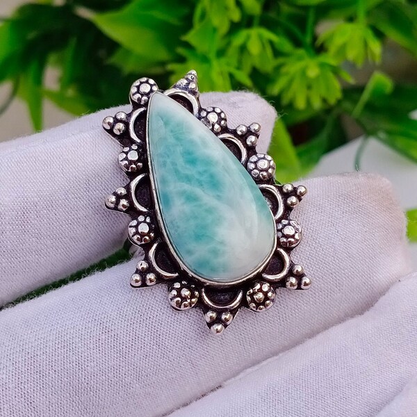 Natural Larimar Rings, Handmade Ring, 925 Silver Plated Ring, Designer Ring, Minimalist Ring, Gift For on Anniversary